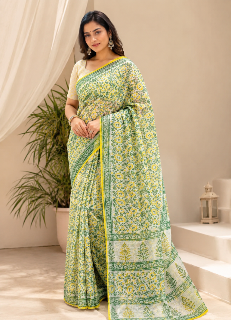 kota doria hand block print saree