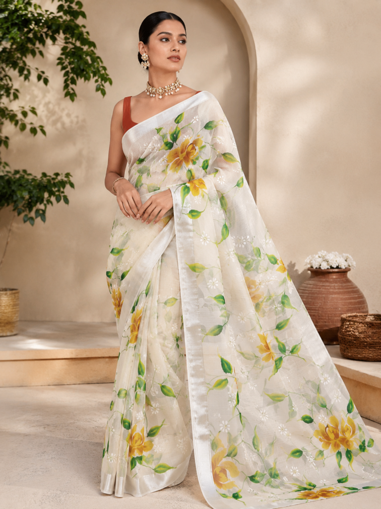 kota doria hand pianting saree