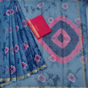 Pure Cotton Kota Doria Hand Bandhej Saree – Dusty Sky Blue