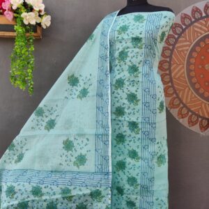 Sea Green Kota Doria Hand Block Print 3 Pc Suit