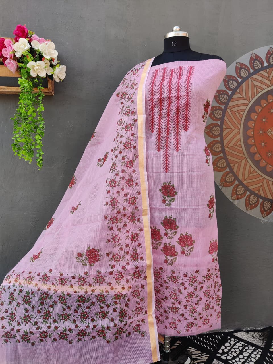 Light Pink Kota Doria Hand Block Print 3 Pc Suit