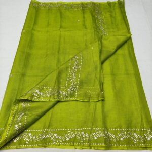 Olive Green (Mehendi Green) Pure Silk Kota Doria Pitta Work Saree