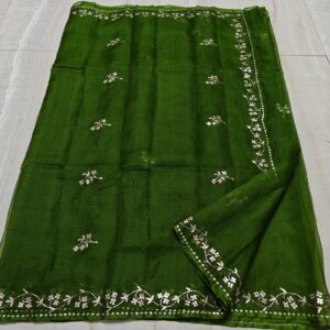 Bottle Green (Deep Green) Pure Silk Kota Doria Pitta Work Saree